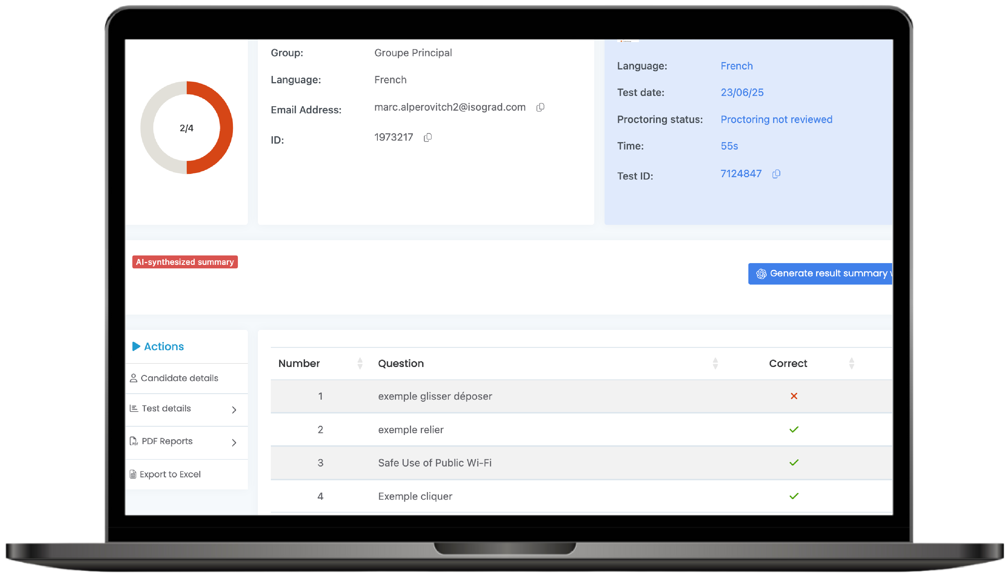 Grading and results analysis dashboard