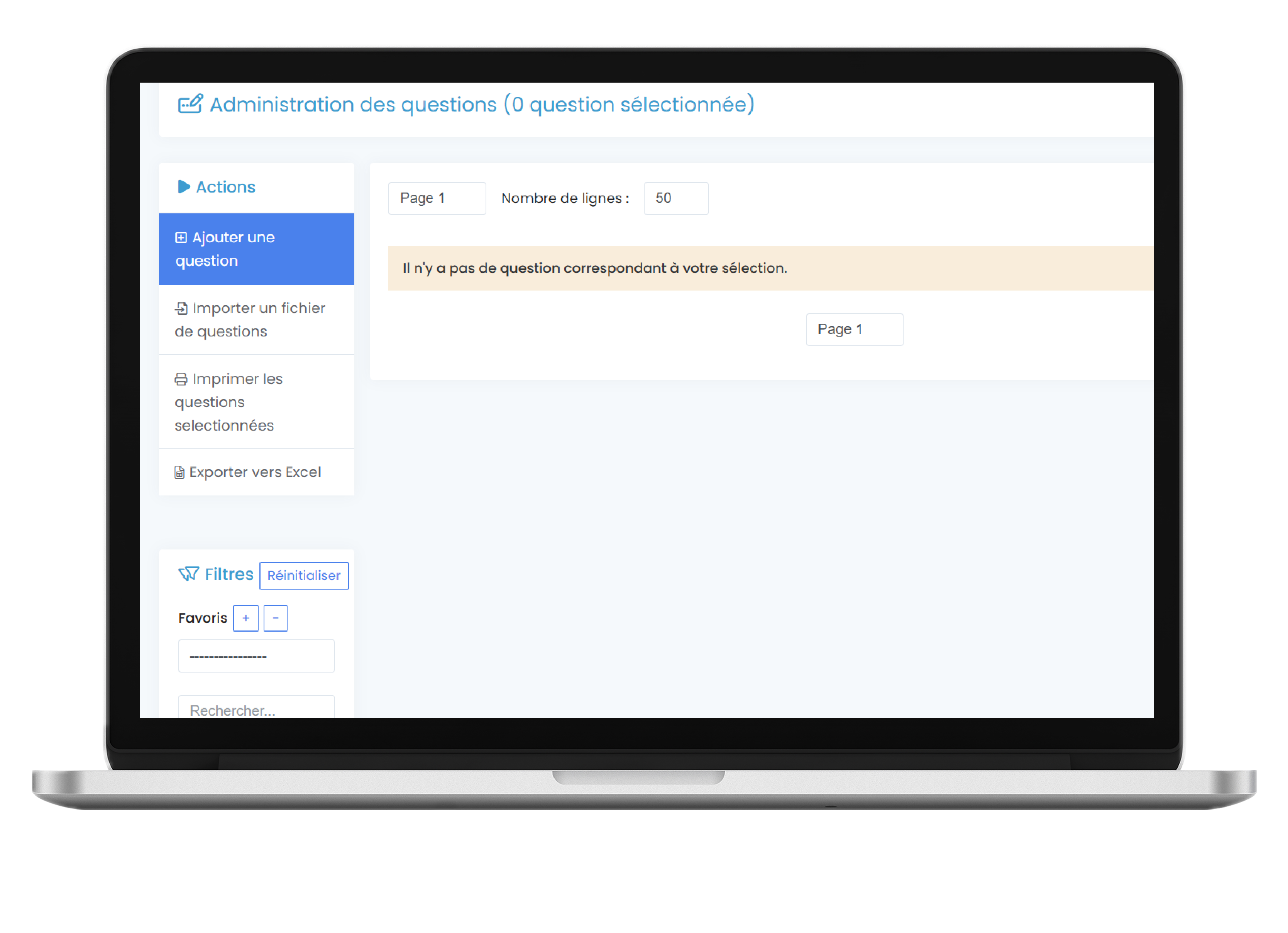 Interface d'administration des questions sur la plateforme