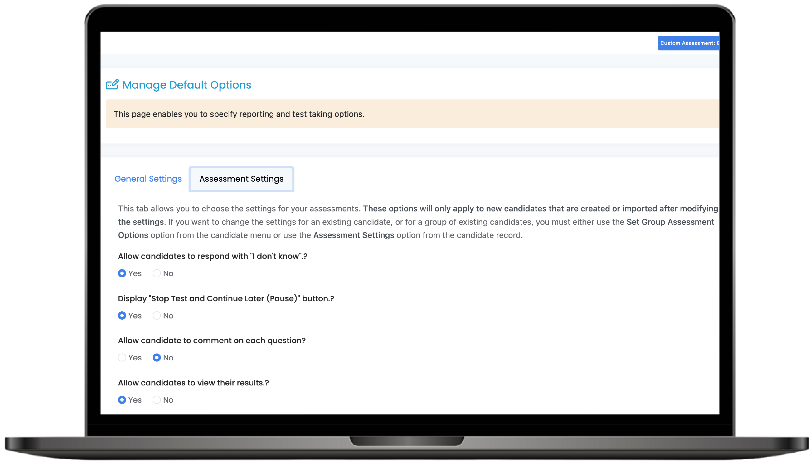 Personalize the experience on the assessment platform